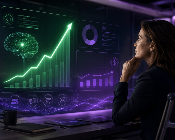 Businesswoman analyzing AI-powered financial growth dashboard