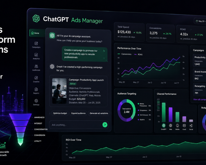 ChatGPT Ads Manager dashboard with campaign analytics charts
