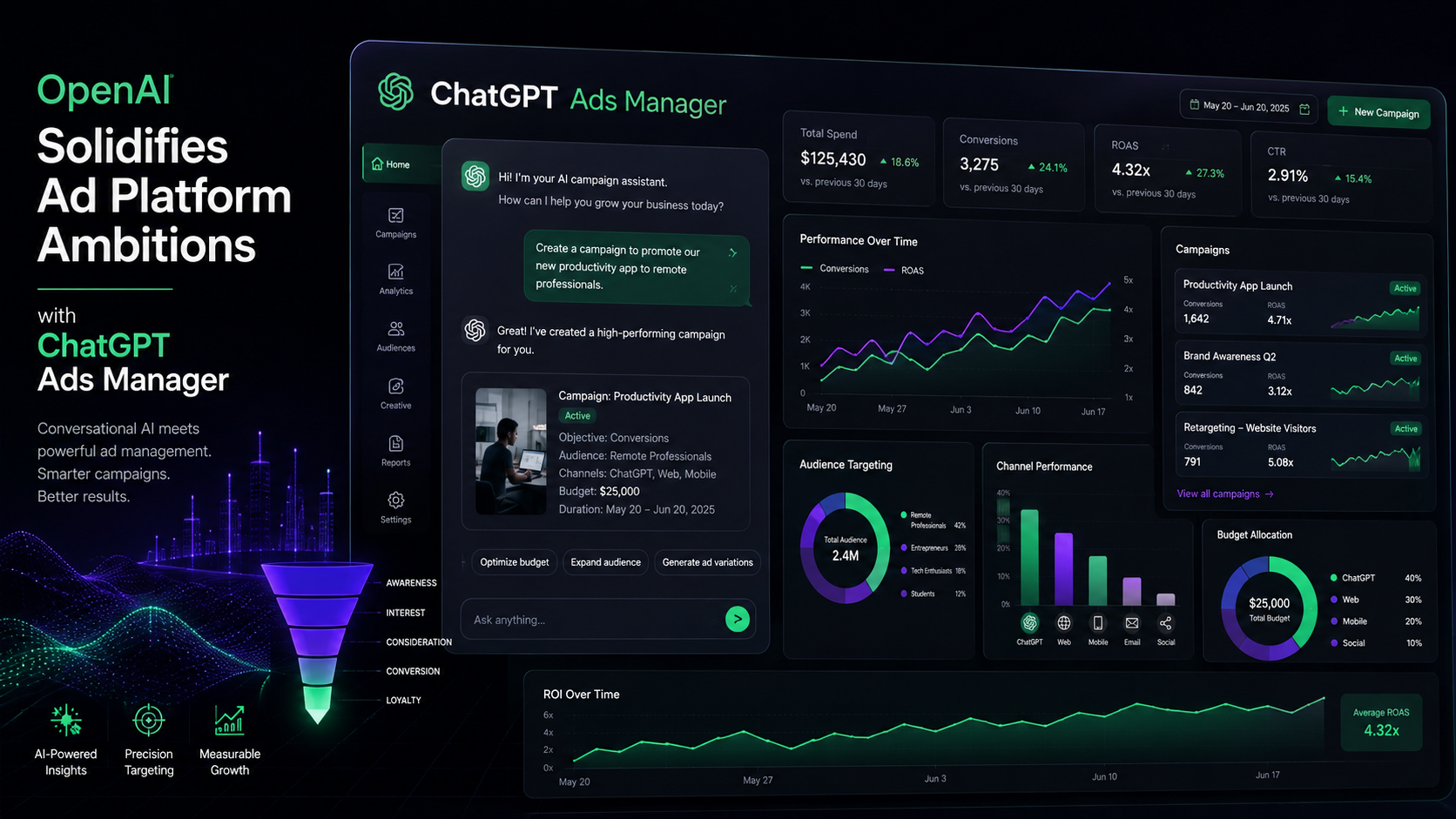 ChatGPT Ads Manager dashboard with campaign analytics charts