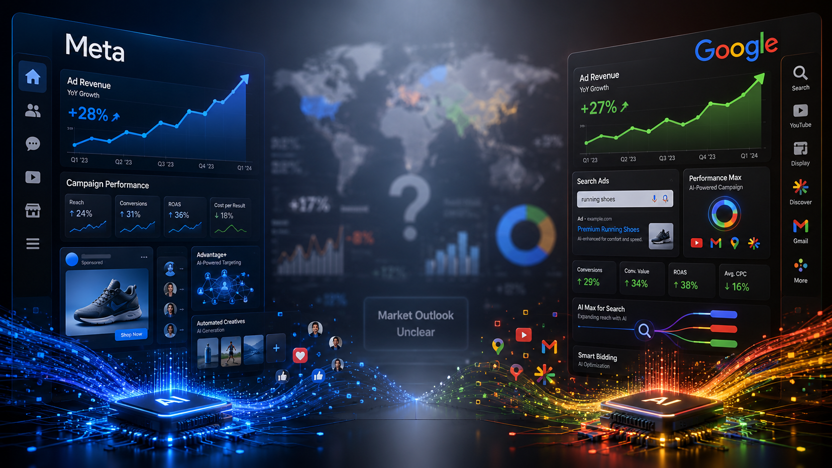 Meta and Google AI advertising dashboard comparison