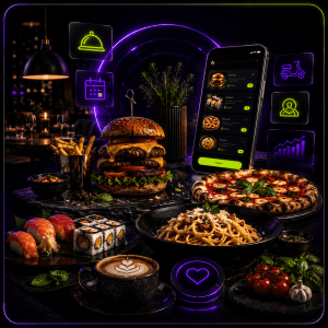 Food delivery app with gourmet dishes and neon icons