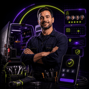 Technician with tools and digital service app interface