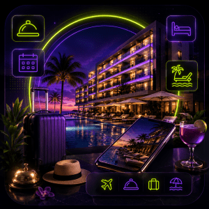 Luxury beachfront hotel with travel booking icons