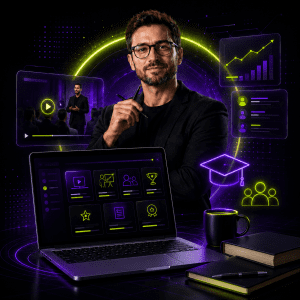 Man with laptop showcasing online learning platform