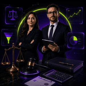 Two lawyers with digital financial analytics display
