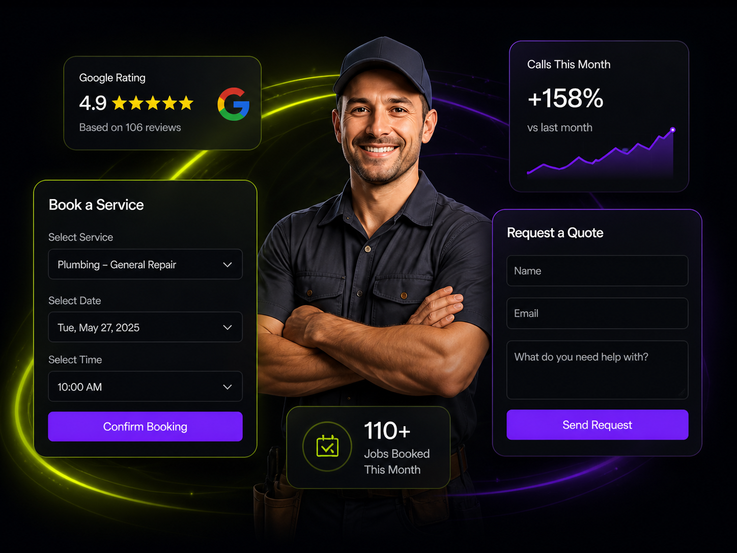 Smiling plumber with online booking interface overlay