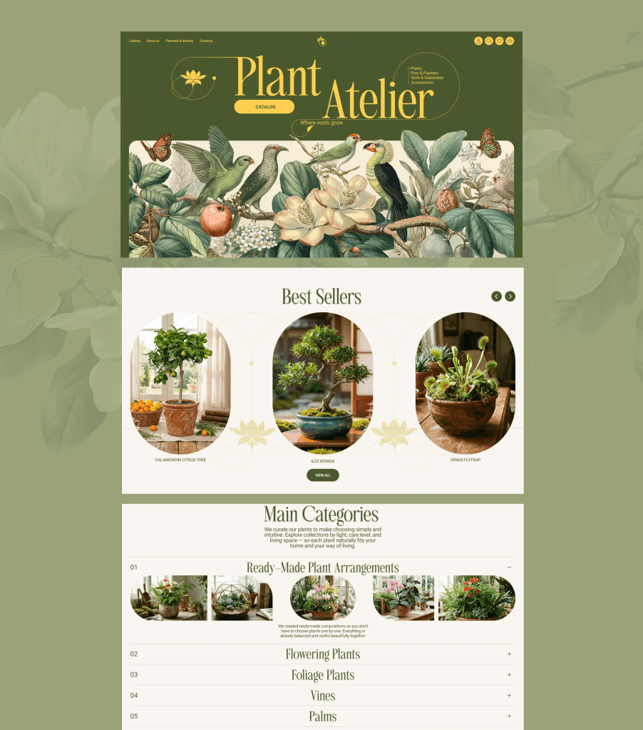 Plant Atelier website homepage with botanical design