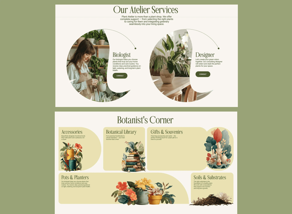 Plant atelier services and botanist shop sections