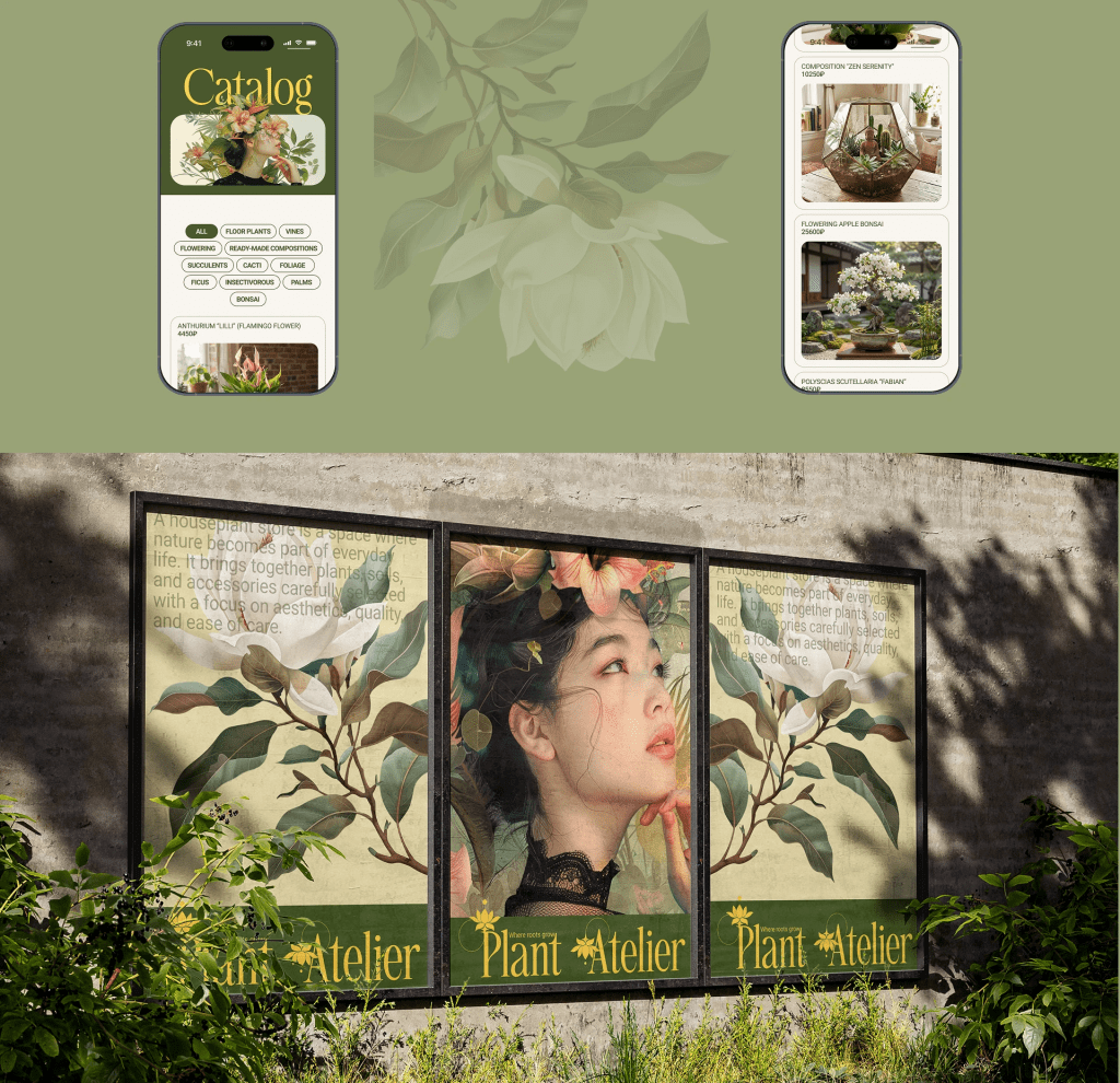 Plant store branding with mobile app and posters
