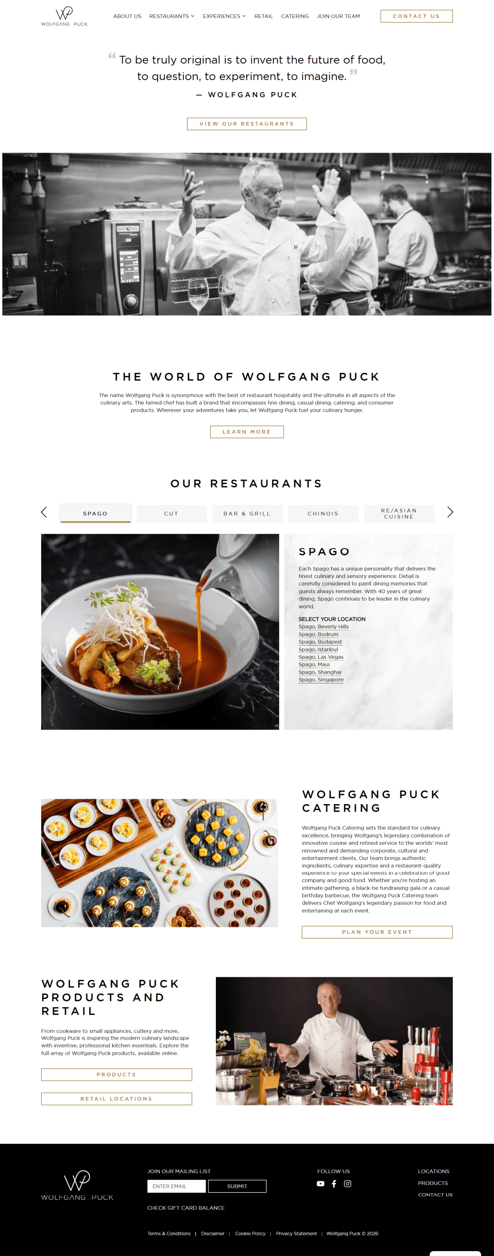 Wolfgang Puck restaurant website homepage screenshot