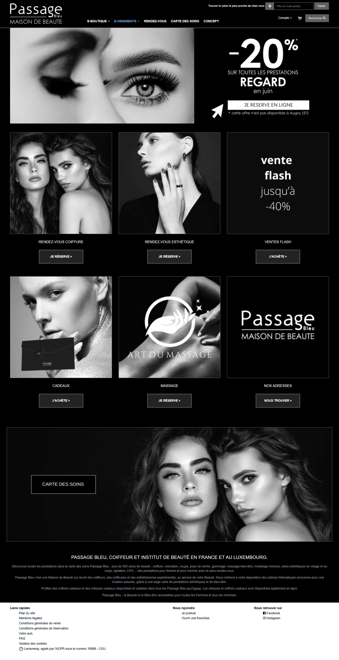 Beauty salon website homepage with promotions and models