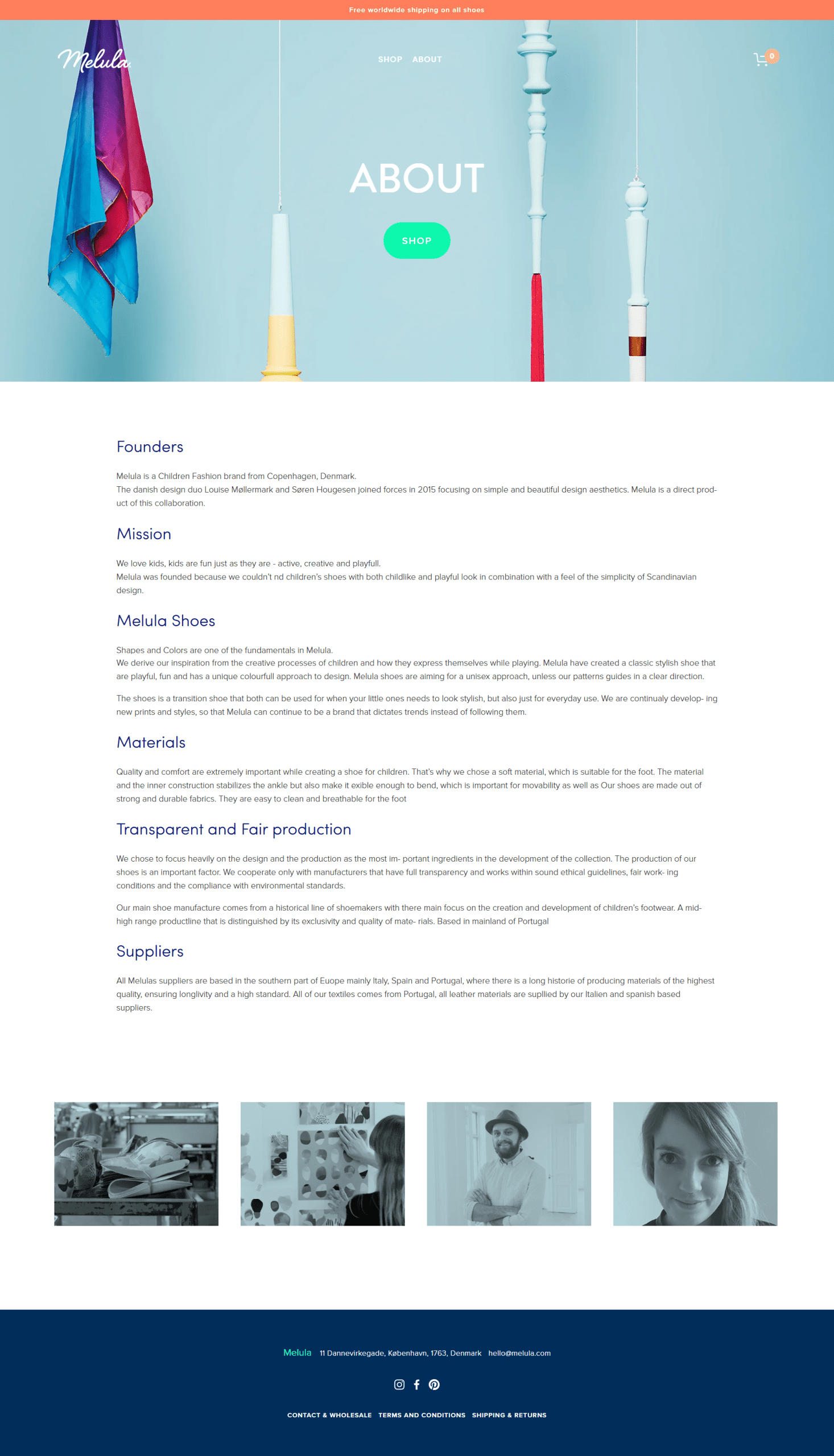 Melula children's shoes About page website design