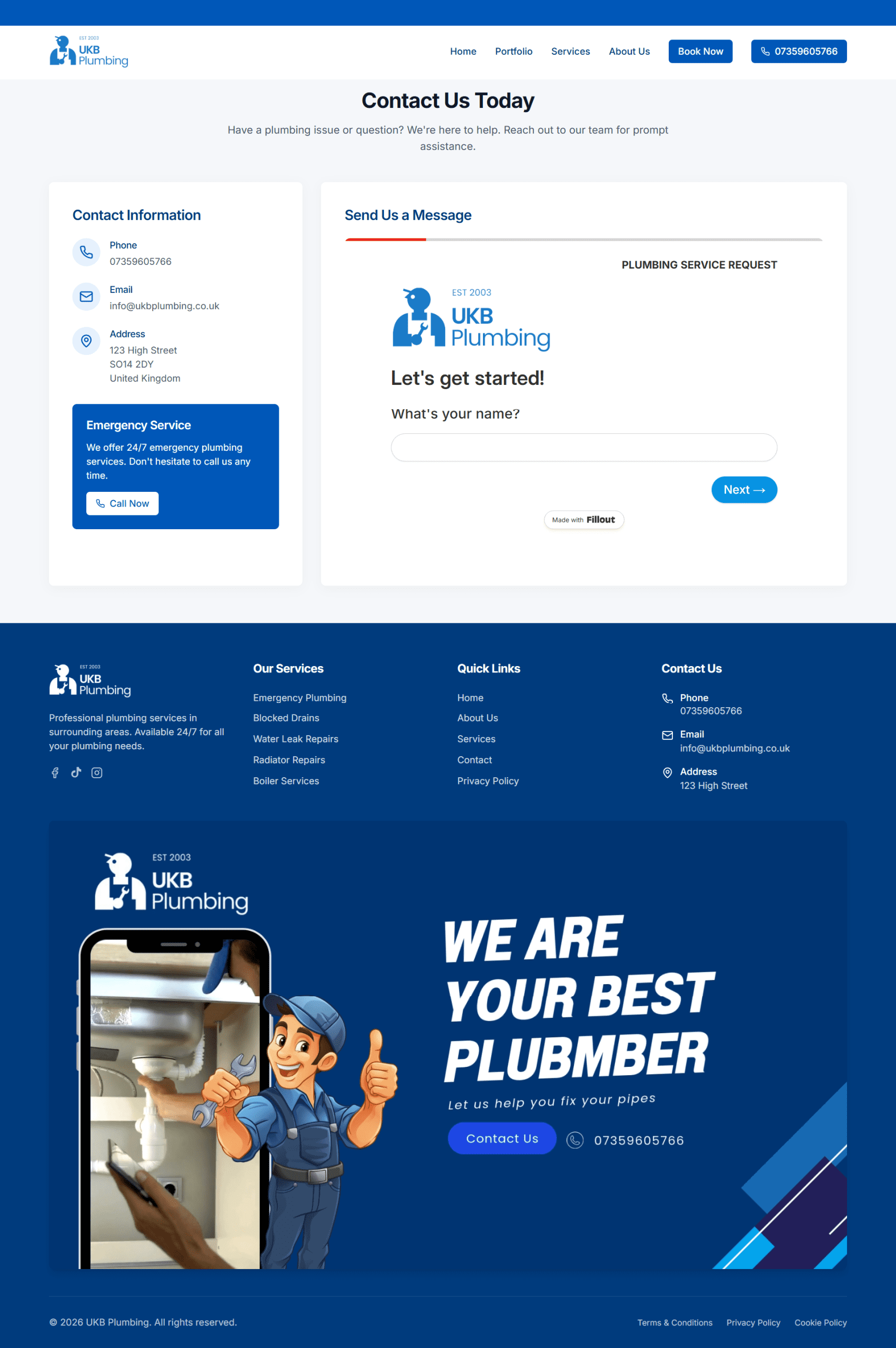 UKB Plumbing contact page with service request form