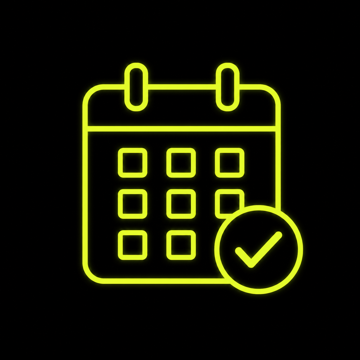 Neon calendar icon with checkmark on black
