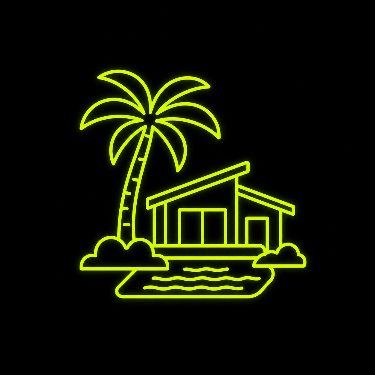 Neon palm tree and beach house outline