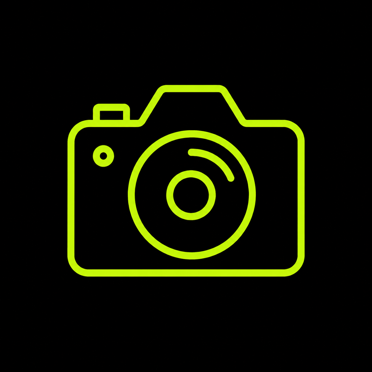 Neon green camera icon on black background