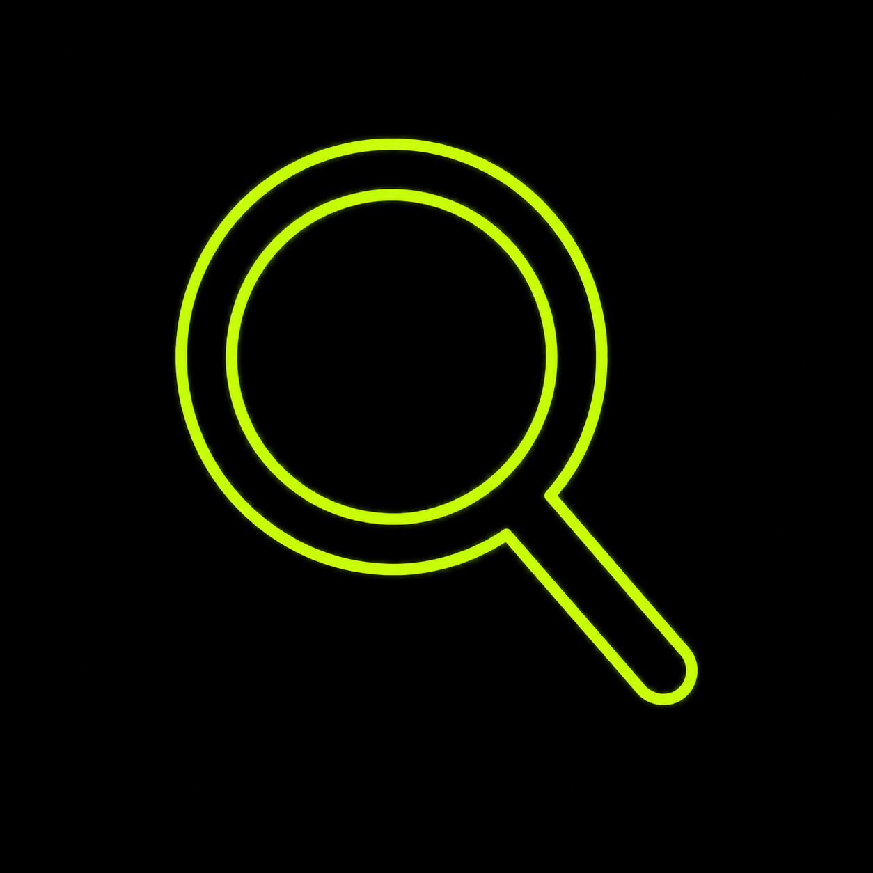 Neon green magnifying glass icon on black background
