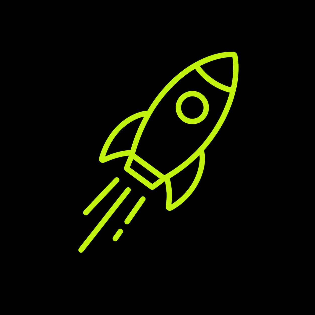 Neon green rocket launching on black background