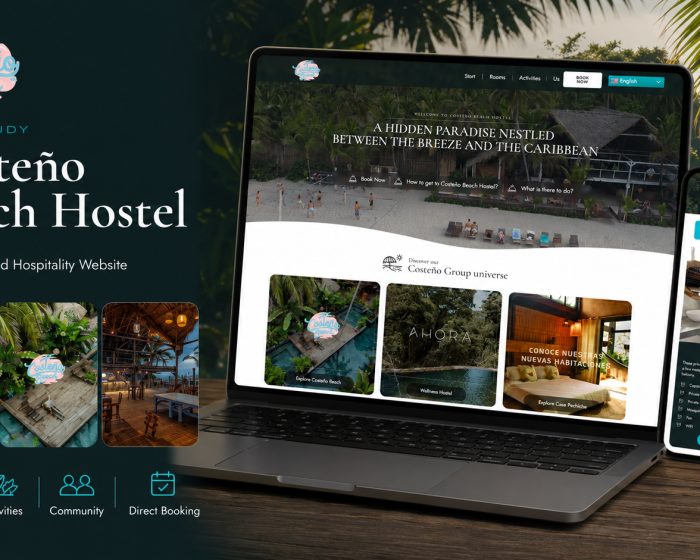 Laptop and phone displaying beach hostel website