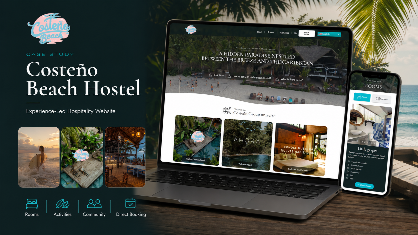 Laptop and phone displaying beach hostel website