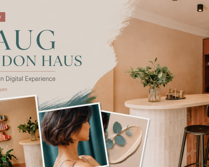 Luxury salon interior with branding and hairstyle photos