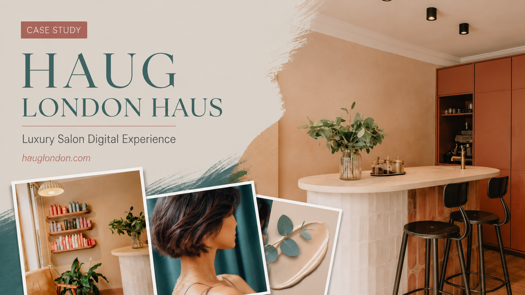 Luxury salon interior with branding and hairstyle photos