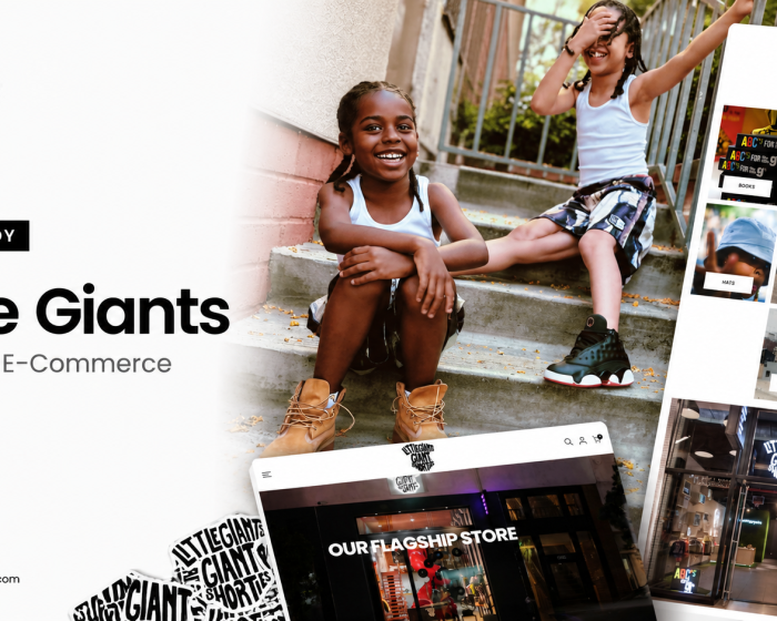 Two children modeling Little Giants kidswear on steps