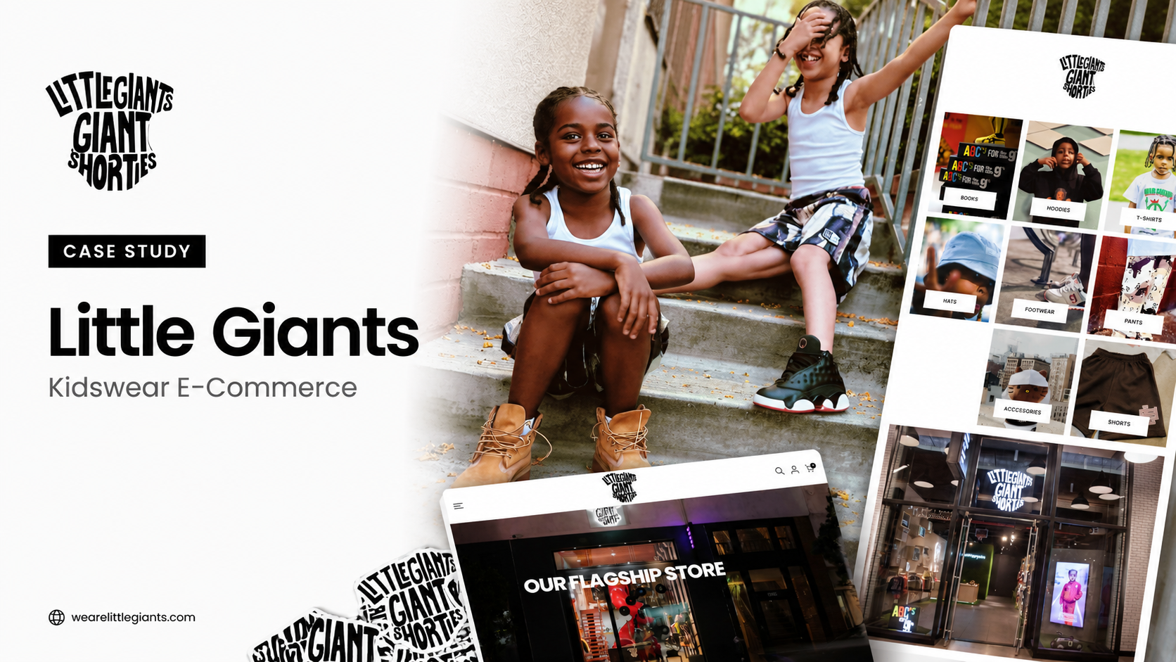 Two children modeling Little Giants kidswear on steps