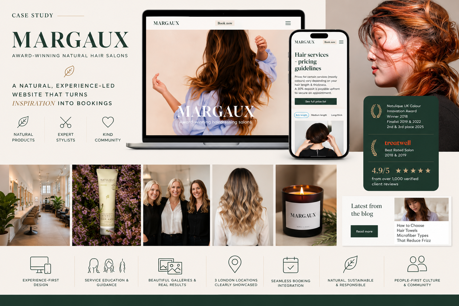 Margaux hair salon website mockup on laptop and phone