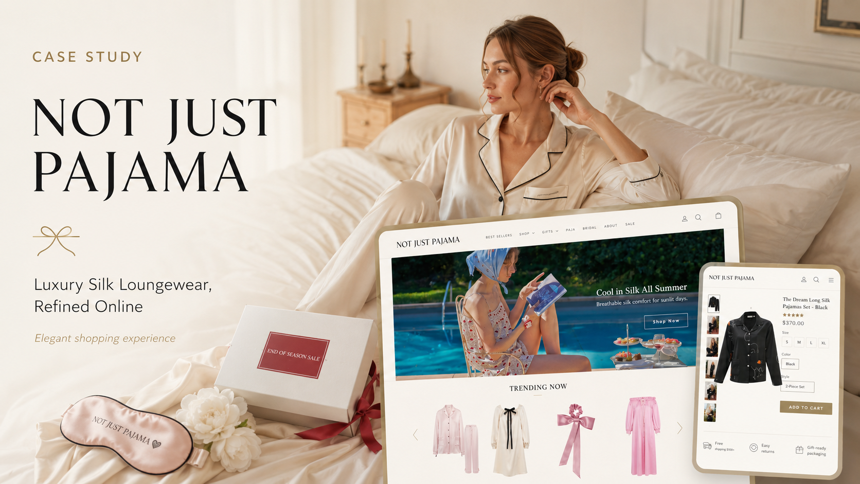 Woman in silk pajamas with luxury ecommerce display