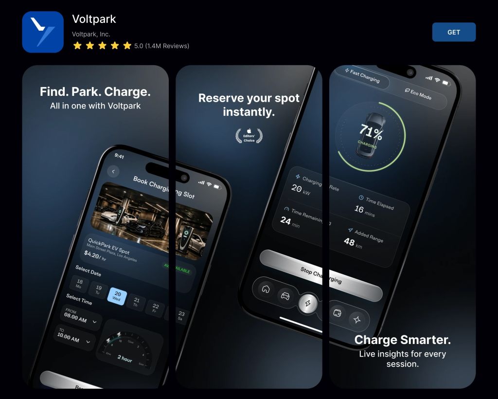 Voltpark EV charging app interface on smartphones