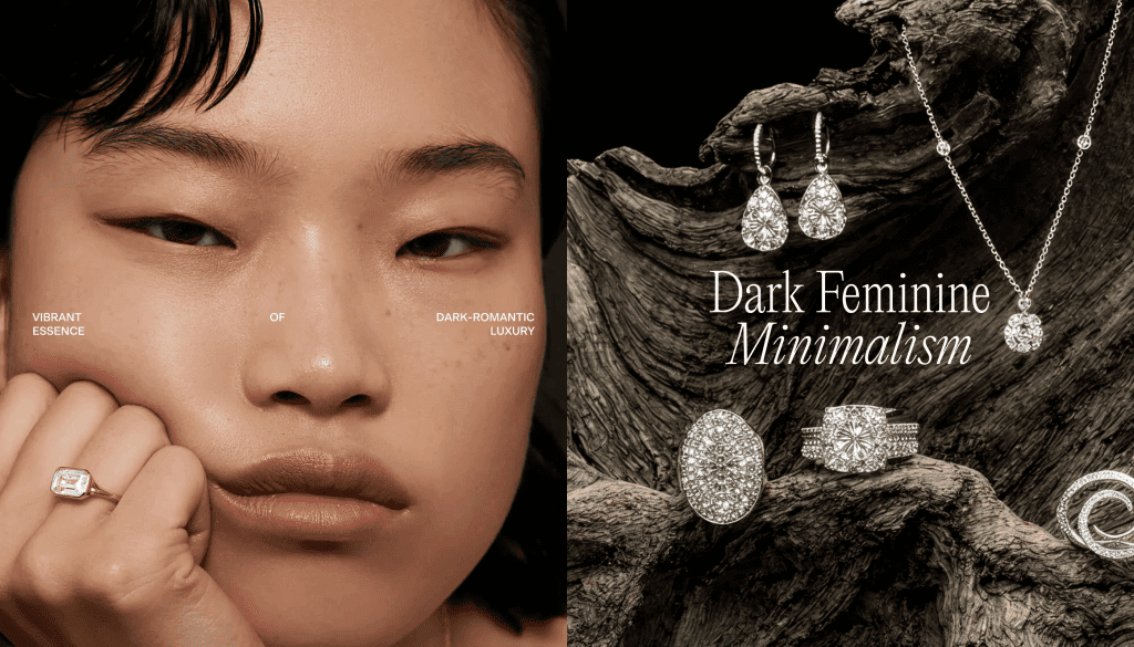 Model wearing diamond ring beside luxury jewelry display