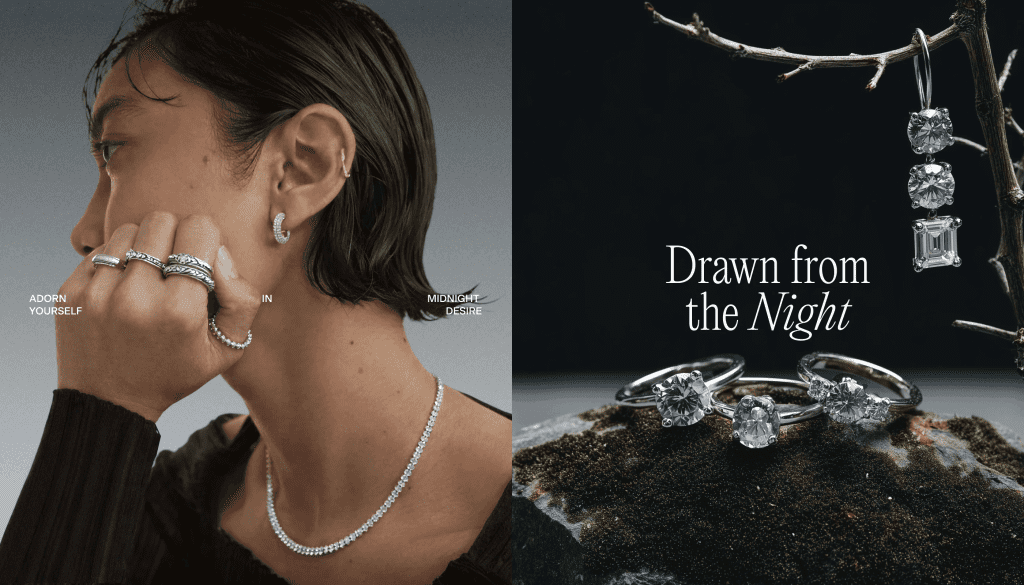 Model wearing diamond jewelry beside displayed rings