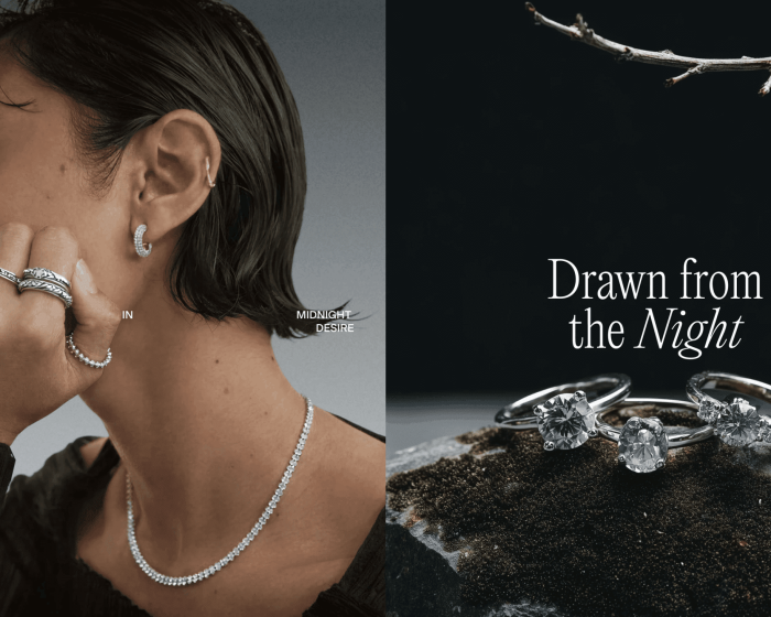 Model wearing diamond jewelry beside displayed rings