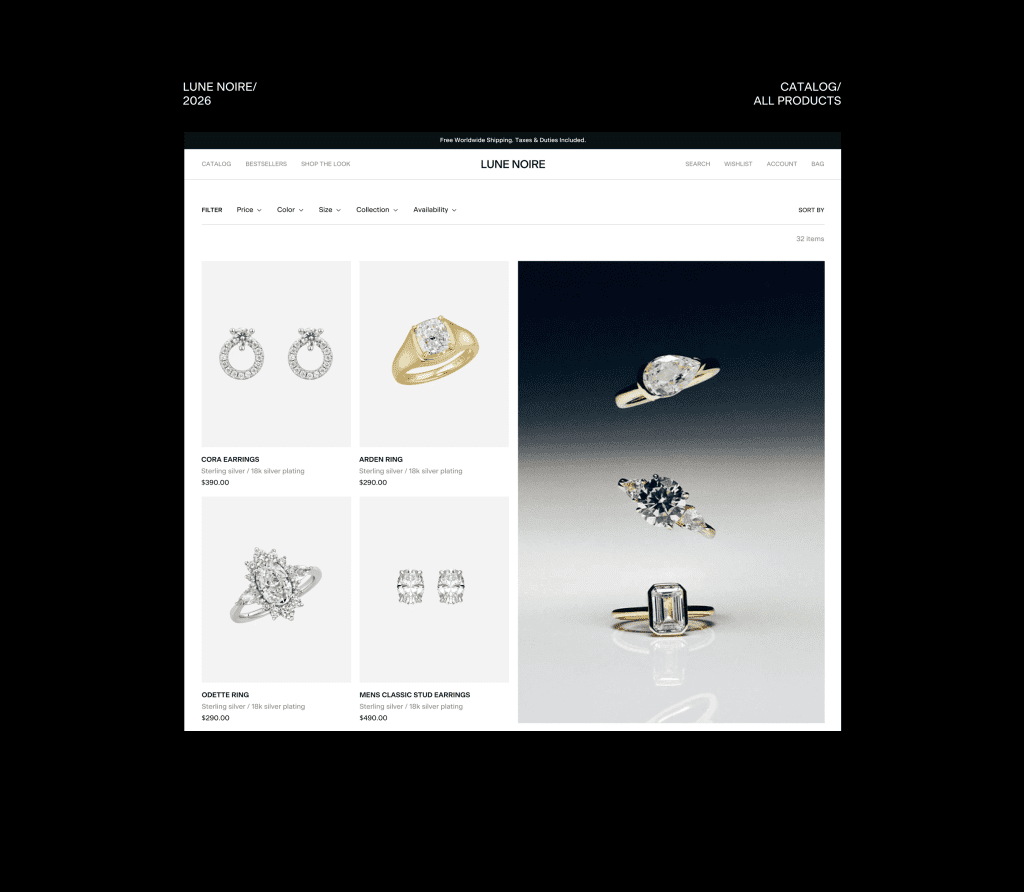 Lune Noire jewelry catalog webpage with rings and earrings