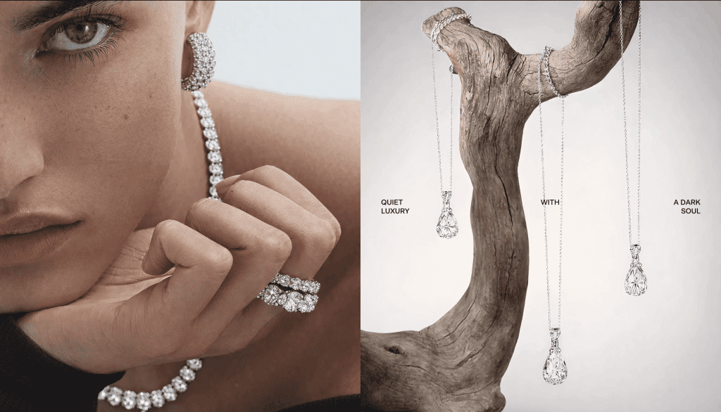 Woman wearing diamond jewelry beside hanging necklaces