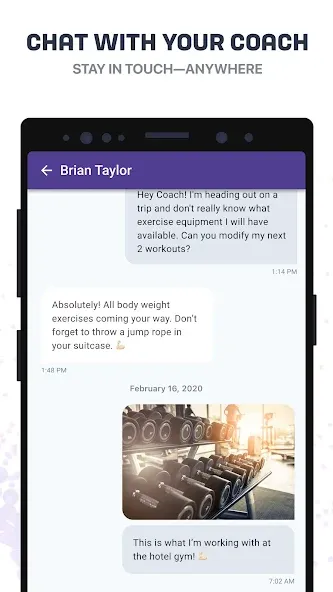 Fitness coaching chat displayed on smartphone screen