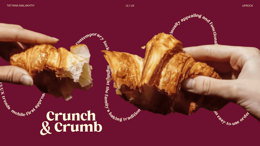 Hands pulling apart croissant on burgundy background