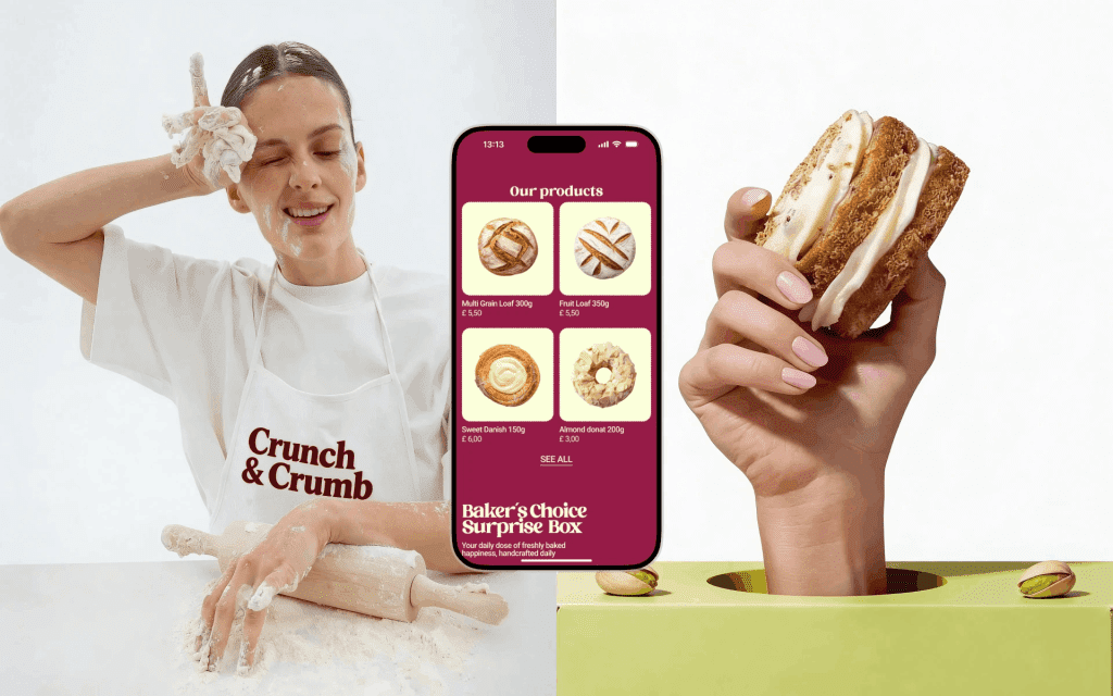 Baker with pastry and bakery app on smartphone