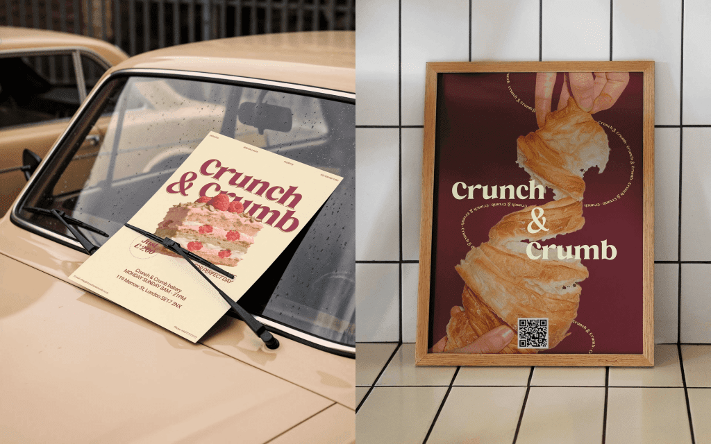 Bakery posters on car windshield and tiled wall