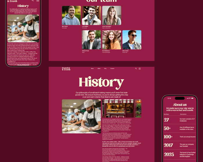 Bakery website design with team and history pages
