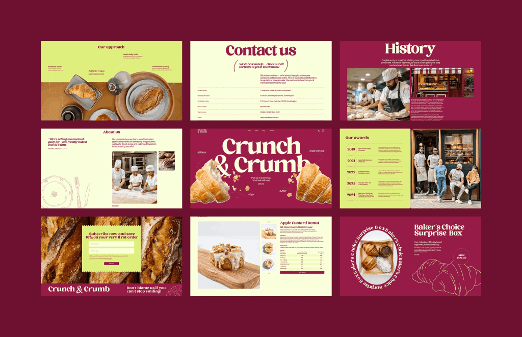 Bakery website design mockups with pastries and branding