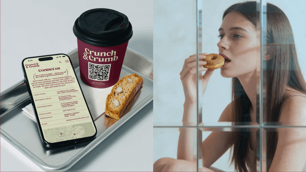 Coffee cup, smartphone, biscotti, woman eating donut