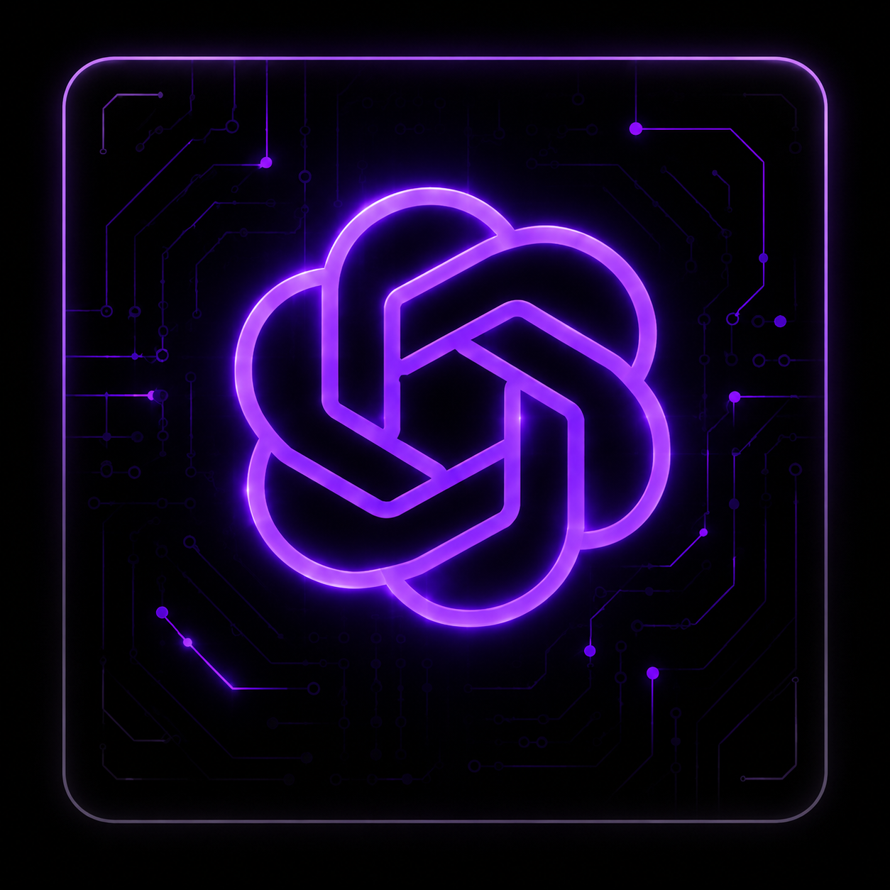 Glowing purple OpenAI logo on circuit board