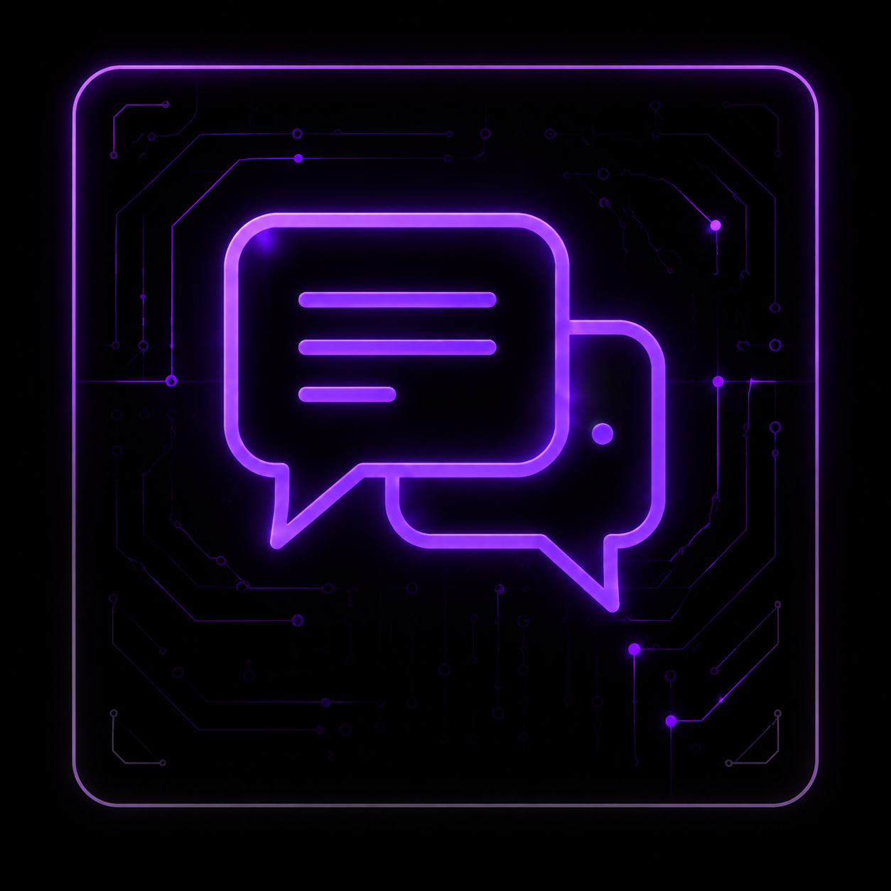 Neon purple chat bubbles on circuit board background