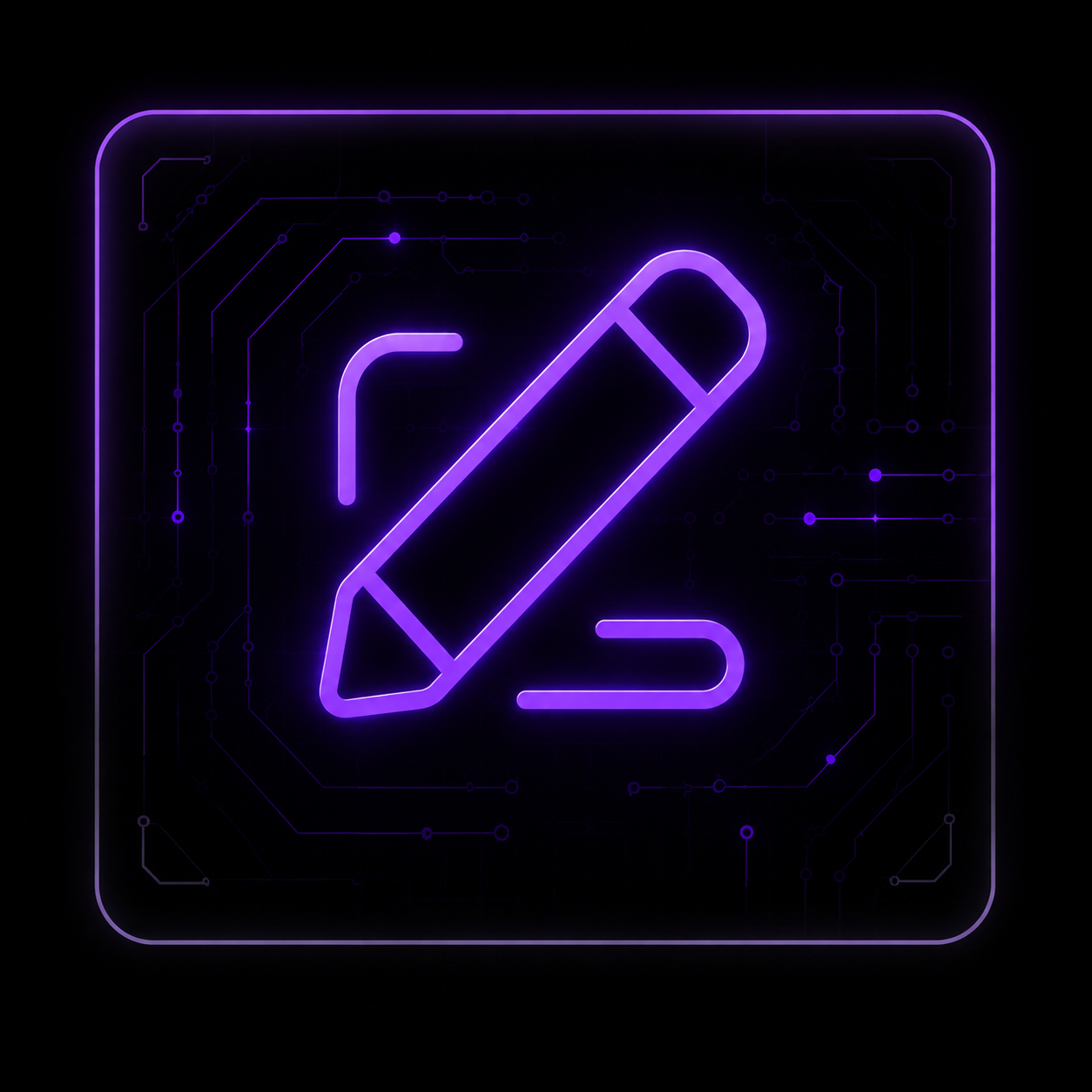 Neon purple pencil edit icon on dark background