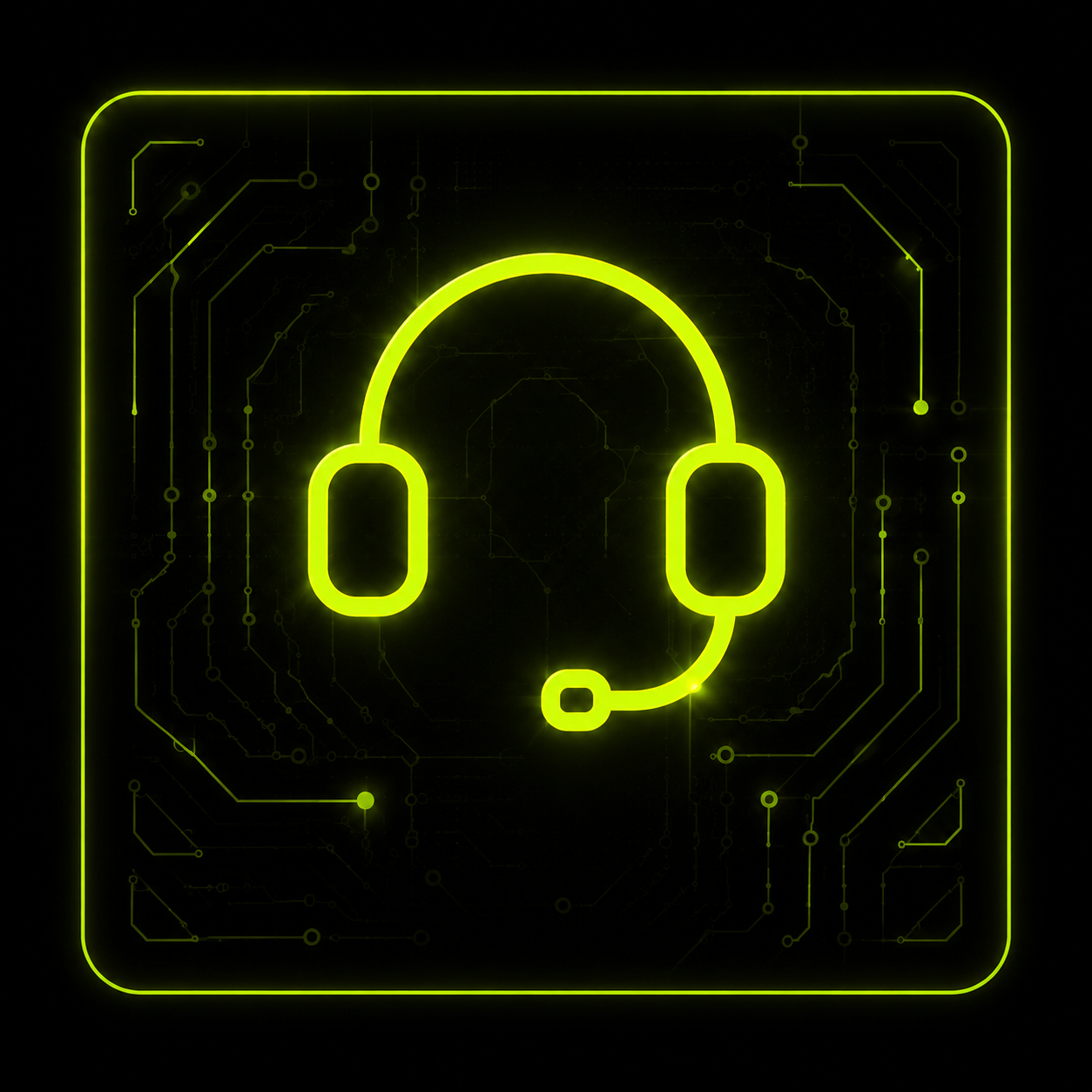 Glowing green headset icon on circuit board background
