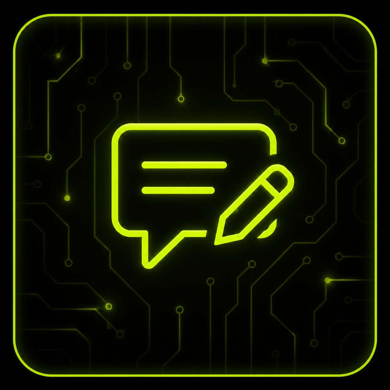 Neon speech bubble and pencil on circuit background