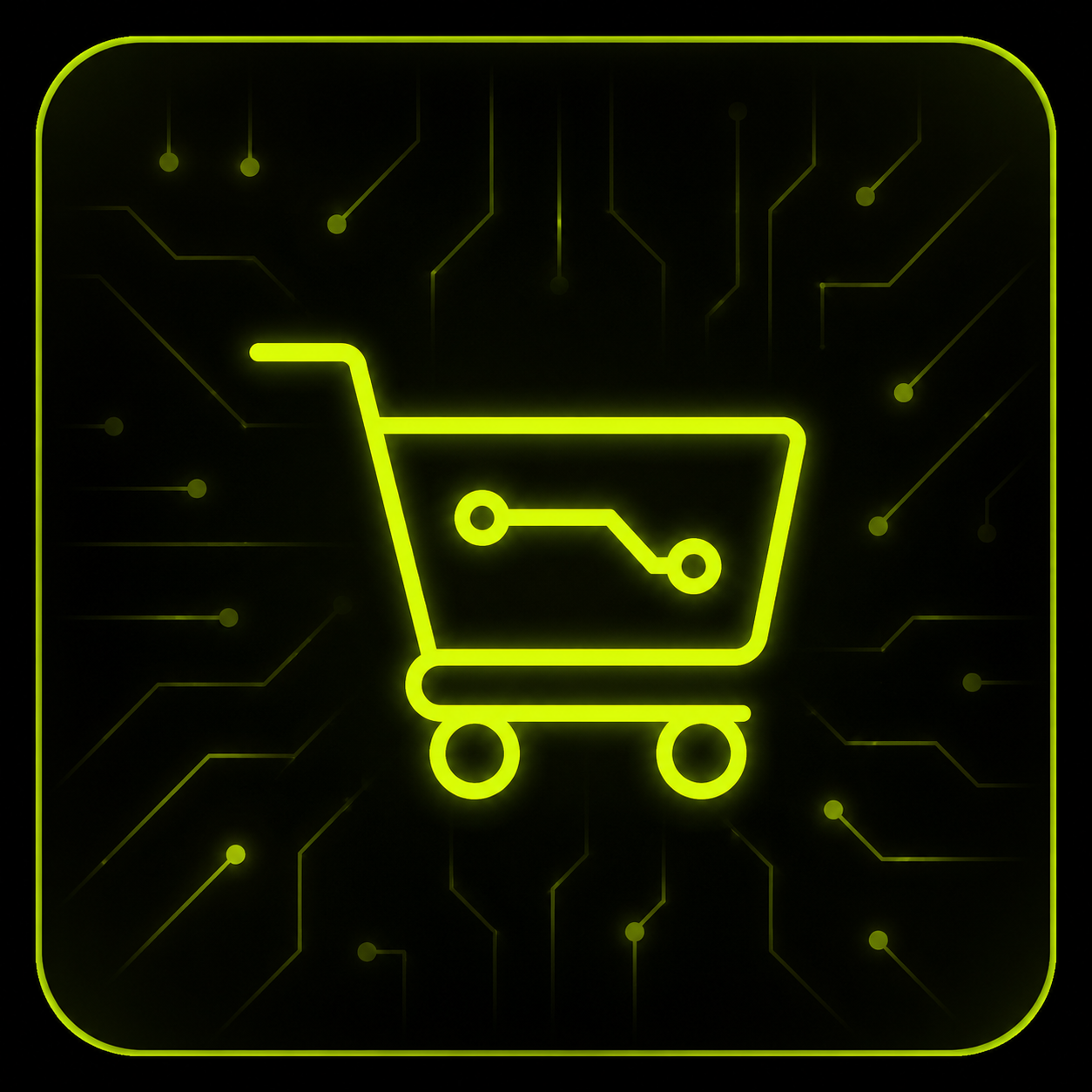 Neon shopping cart icon on circuit board background