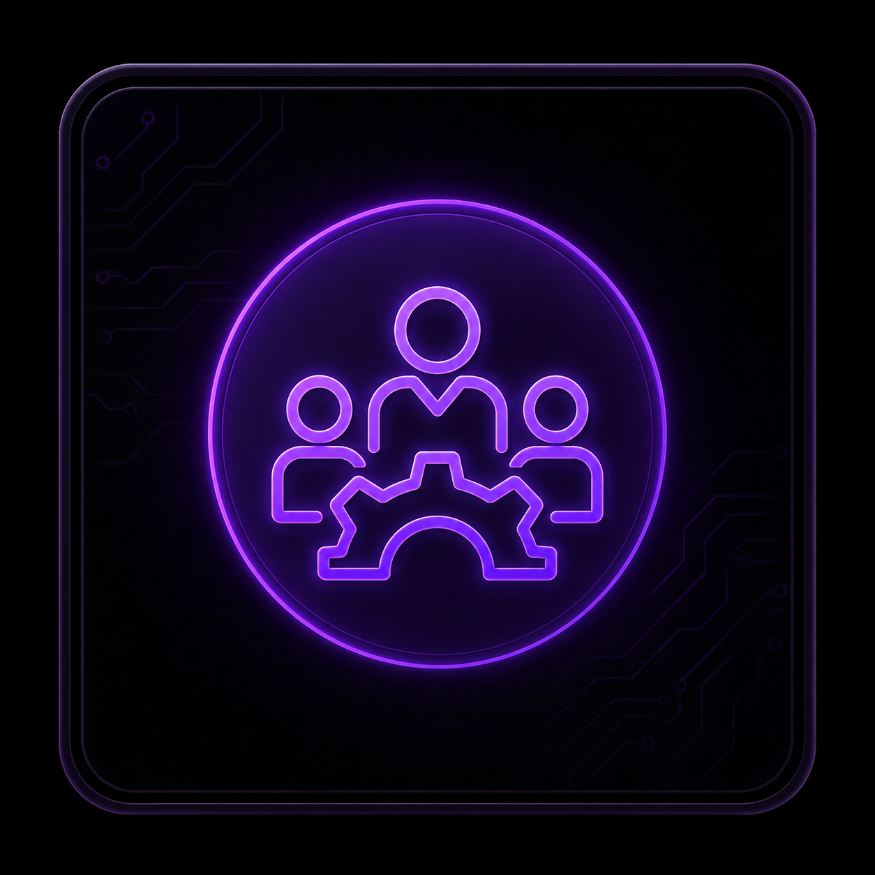 Neon team and gear icon on dark background